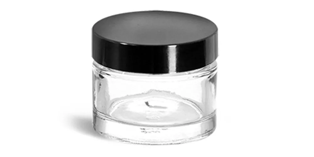 1 oz Clear Glass Thick Wall Cosmetic Jars w/ Black Phenolic F-217 Lined Caps