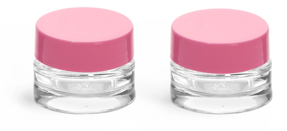 Clear Glass Jars, Clear Glass Cosmetic Jars w/ Pink Lined Caps