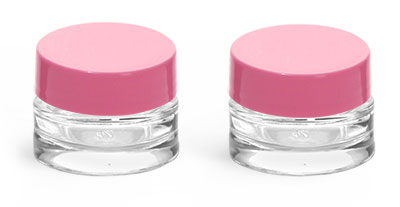 Clear Glass Jars, Clear Glass Thick Wall Cosmetic Jars w/ Pink PE Lined Caps