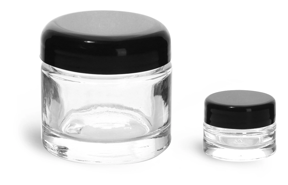 Clear Glass Jars, Clear Glass Cosmetic Jars w/ Black Dome Lined Caps