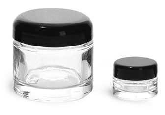 Clear Glass Jars, Clear Glass Cosmetic Jars w/ Black Dome Lined Caps