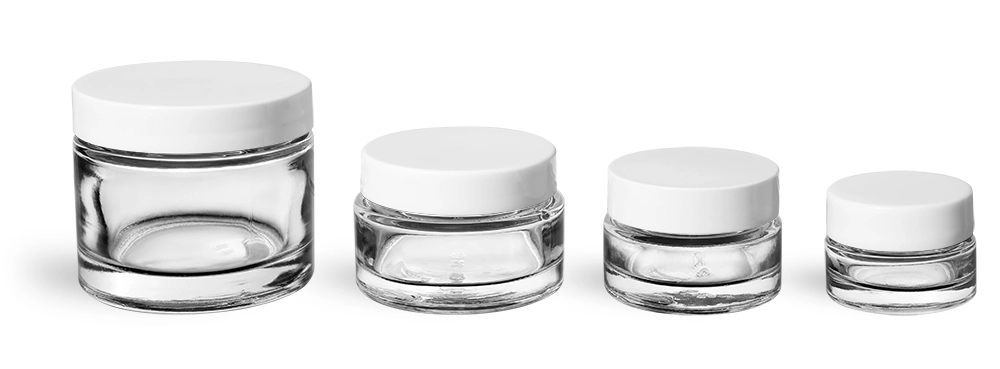 Clear Glass Jars, Clear Glass Cosmetic Jars w/ White Smooth Lined Caps