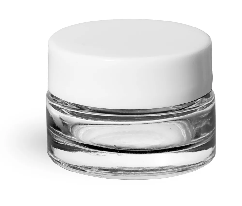 0.25 oz Clear Glass Thick Wall Cosmetic Jars w/ White Smooth Lined Caps