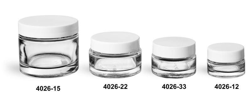 Clear Glass Jars, Clear Glass Thick Wall Cosmetic Jars w/ White PE Lined Caps