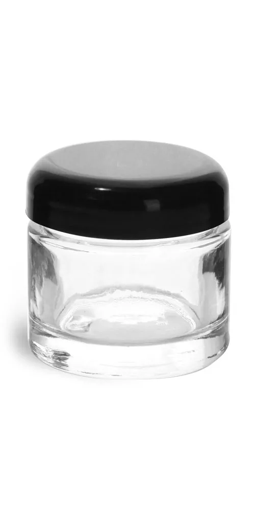 2.3 oz Clear Glass Jars, Clear Glass Thick Wall Cosmetic Jars w/ Black Dome PE Lined Caps