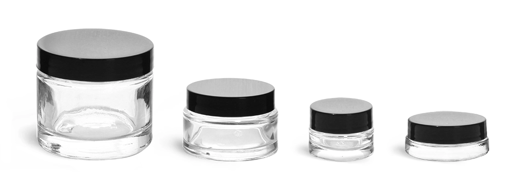 Clear Glass Jars, Clear Glass Cosmetic Jars w/ Black Smooth Lined Caps