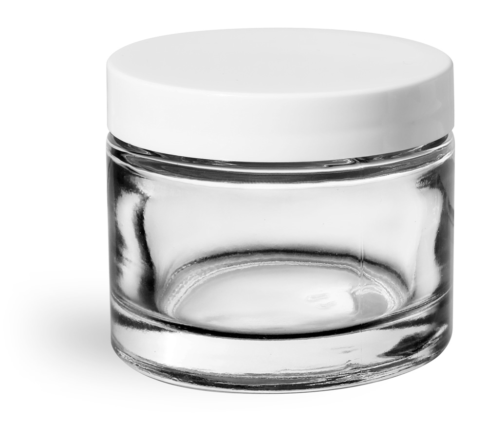 2.3 oz Clear Glass Thick Wall Cosmetic Jars w/ White Smooth Lined Caps