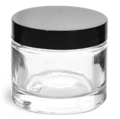 2.3 oz Clear Glass Thick Wall Cosmetic Jars w/ Black Smooth Lined Caps
