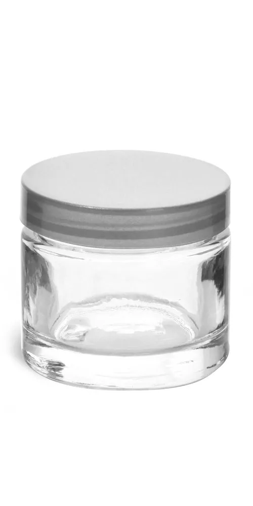 2.3 oz Clear Glass Thick Wall Cosmetic Jars w/ Silver PE Lined Caps