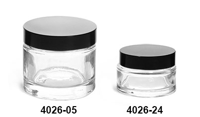Clear Glass Jars, Clear Glass Thick Wall Cosmetic Jars w/ Black Phenolic PV Lined Caps