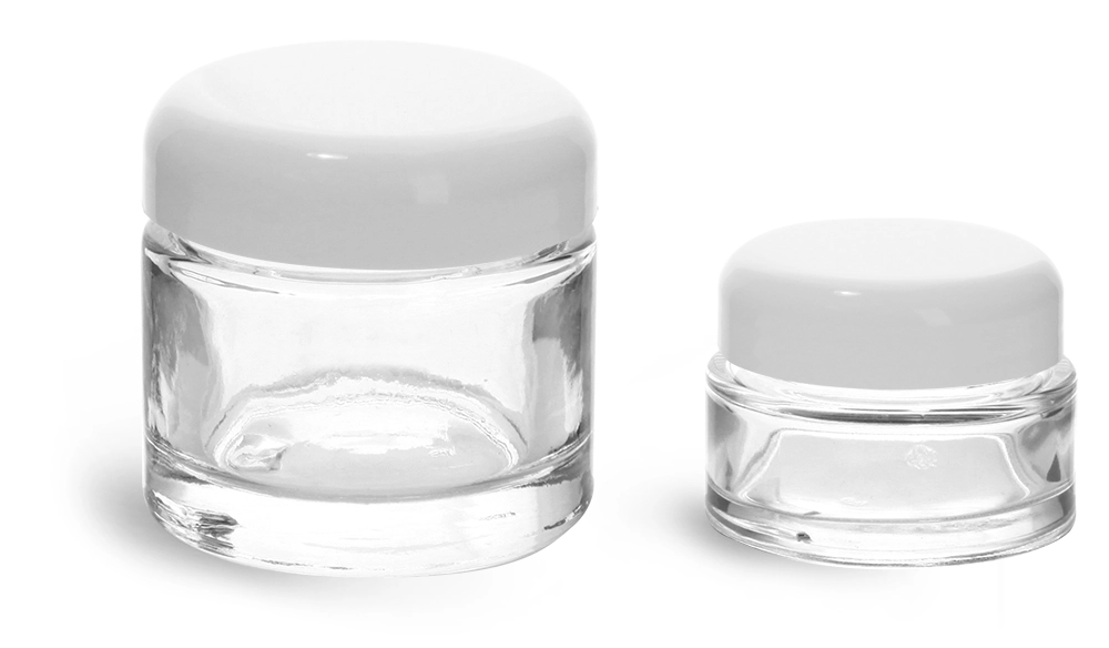 Clear Glass Jars, Clear Glass Cosmetic Jars w/ White Dome Lined Caps