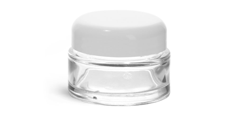 1 oz Clear Glass Jars, Clear Glass Thick Wall Cosmetic Jars w/ White Dome PE Lined Caps