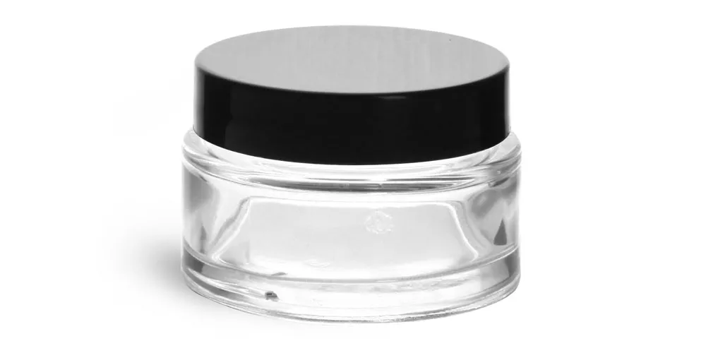 1 oz Clear Glass Cosmetic Jar with Black Smooth Lined Caps
