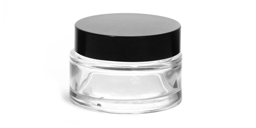 1 oz Clear Glass Cosmetic Jars with Black Phenolic PV Lined Caps
