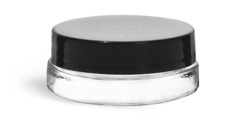 0.15 oz Clear Glass Thick Wall Cosmetic Jars w/ Black Smooth Lined Caps