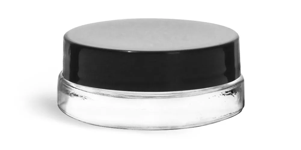 0.15 oz Clear Glass Thick Wall Cosmetic Jars w/ Black Smooth Lined Caps