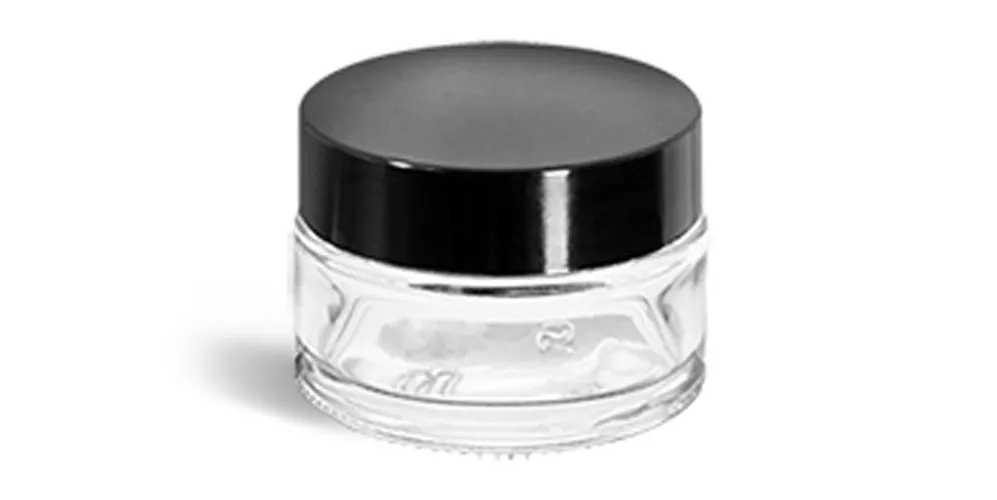 0.5 oz Clear Glass Thick Wall Cosmetic Jars w/ Black Phenolic F217 Lined Caps
