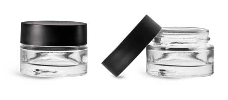 Clear Glass Jars, Clear Glass Thick Wall Cosmetic Jars w/ Matte Black PE-F217 Lined Caps