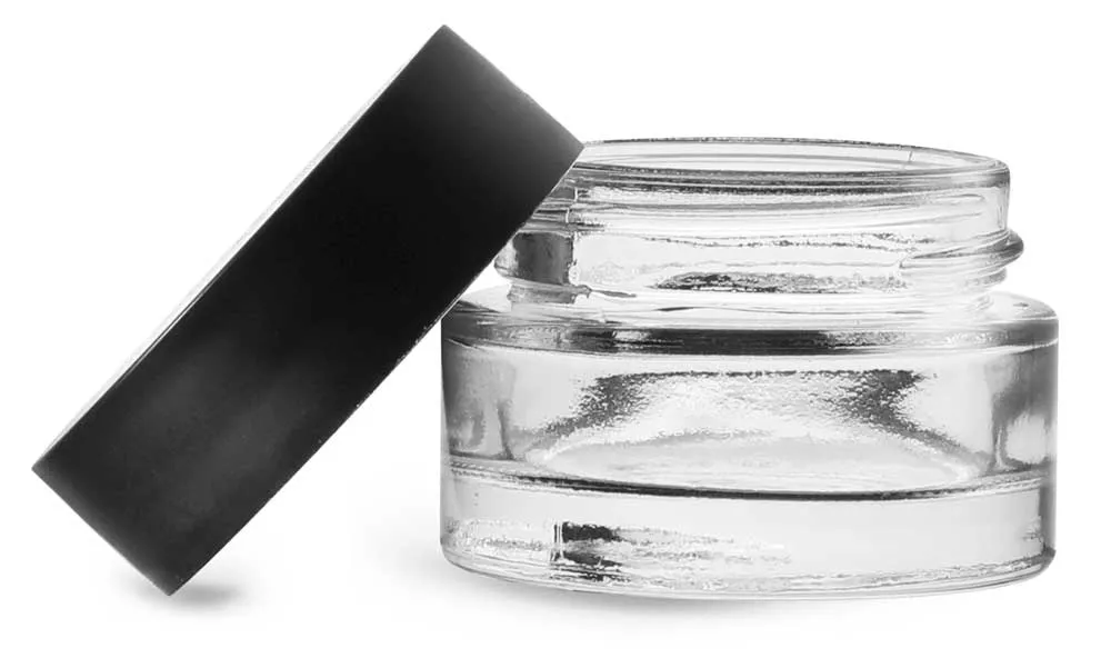 0.5 oz Clear Glass Thick Wall Cosmetic Jars w/ Matte Black PE-F217 Lined Caps