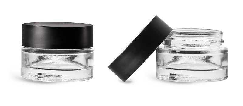 Clear Glass Jars, Clear Glass Thick Wall Cosmetic Jars w/ Matte Black PE-F217 Lined Caps