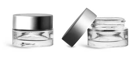 Clear Glass Jars, Clear Glass Thick Wall Cosmetic Jars w/ Matte Silver PE-F217 Lined Caps