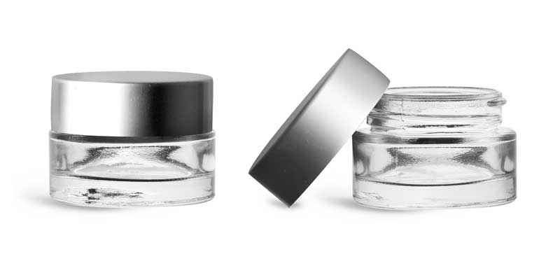 Clear Glass Jars, Clear Glass Thick Wall Cosmetic Jars w/ Matte Silver PE-F217 Lined Caps