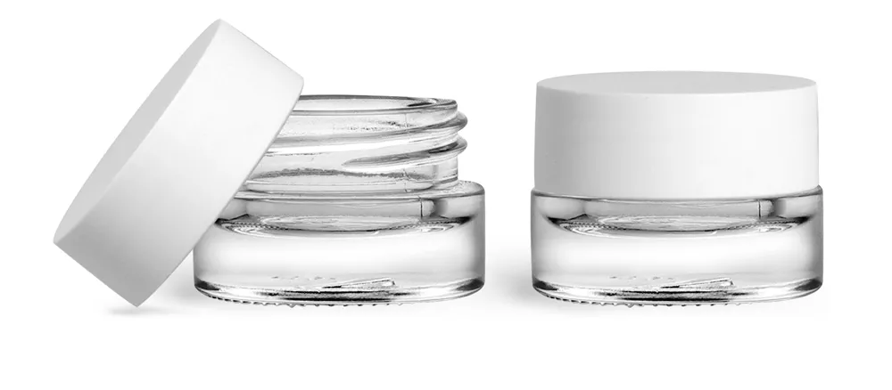 5 ml Glass Jars, Clear Glass Thick Wall Cosmetic Jars w/ Matte White F217 Lined Caps