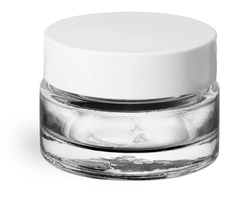 0.5 oz Clear Glass Jars, Clear Glass Thick Wall Cosmetic Jars w/ White PE Lined Caps