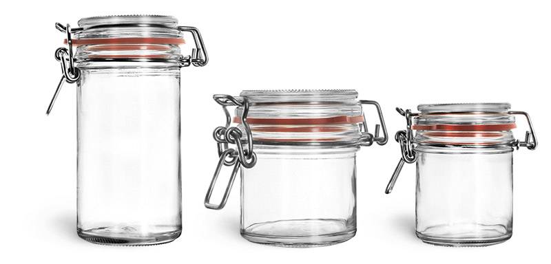 Clear Glass Jars, Clear Glass Wire Bale Jars w/ Hinged Lids