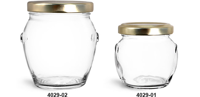 Clear Glass Jars, Clear Glass Honey Pot Jars w/ Gold Metal Plastisol Lined Lug Caps