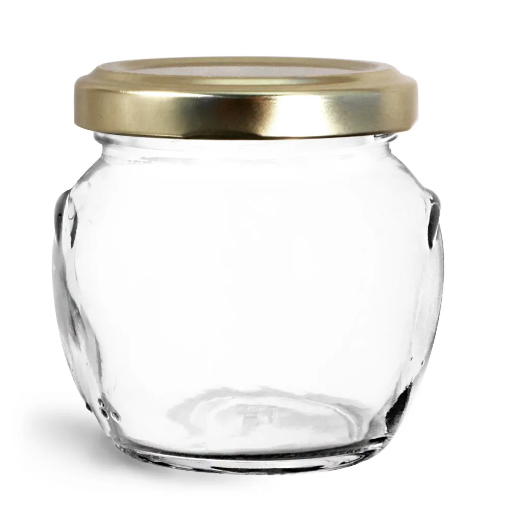 106 ml Glass Jars, Clear Glass Honey Pot Jars w/ Gold Metal Plastisol Lined Lug Caps