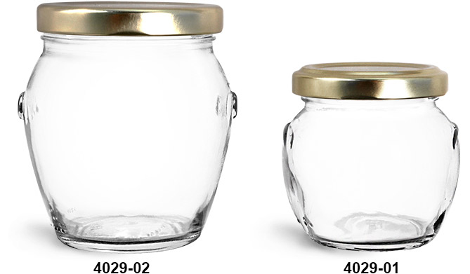 Clear Glass Jars, Clear Glass Honey Pot Jars w/ Gold Metal Plastisol Lined Lug Caps