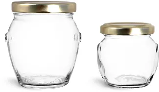 Clear Clear Glass Honey Pot Jars w/ Gold Metal Plastisol Lined Lug Caps