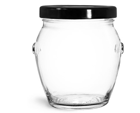 Clear Glass Honey Pot Jars w/ Black Metal Plastisol Lined Lug Caps