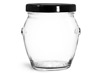 Clear Glass Honey Pot Jars w/ Black Metal Plastisol Lined Lug Caps