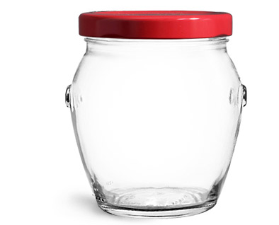 Clear Glass Jars, Clear Glass Honey Pot Jars w/ Red Metal Plastisol Lined Lug Caps