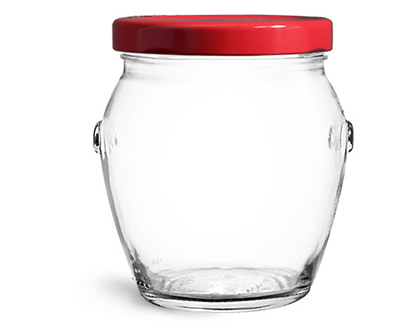 Clear Glass Jars, Clear Glass Honey Pot Jars w/ Red Metal Plastisol Lined Lug Caps