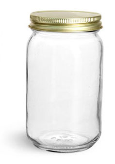 Clear Glass Jars, 16 oz Clear Glass Mayo/ Economy Jars w/ Gold Metal Plastisol Lined Caps