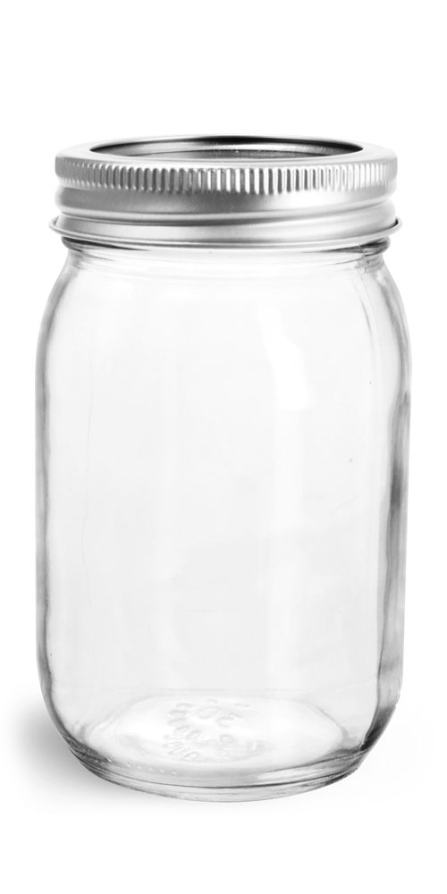 16 oz Glass Jars, Clear Glass Mayo/Economy Jars w/ Silver Two Piece Canning Lids