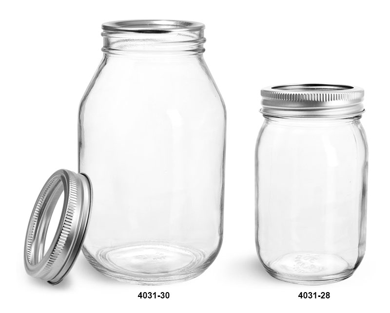 Clear Glass Jars, Clear Glass Mayo/Economy Jars w/ Silver Two Piece Canning Lids