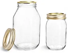 Clear Glass Jars, Clear Glass Mayo/Economy Jars w/ Gold Two Piece Canning Lids