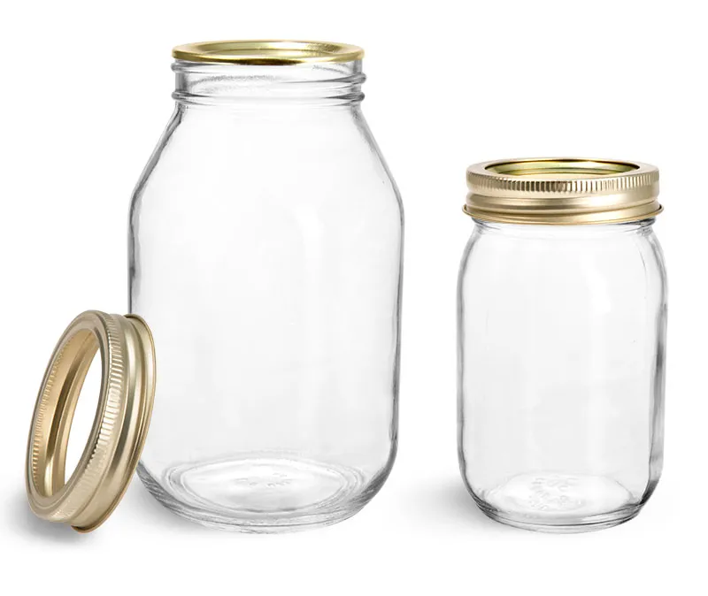 Clear Glass Jars, Clear Glass Mayo/Economy Jars w/ Gold Two Piece Canning Lids