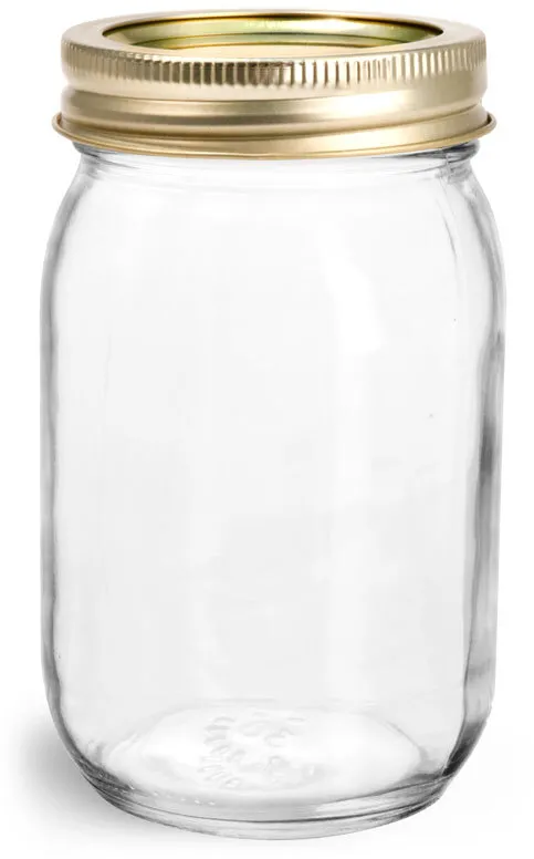 16 oz Glass Jars, Clear Glass Mayo/Economy Jars w/ Gold Two Piece
