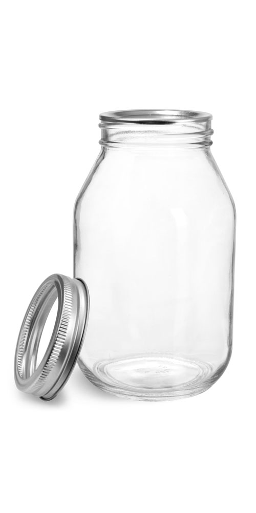 32 oz Glass Jars, Clear Glass Mayo/Economy Jars w/ Silver Two Piece Canning Lids
