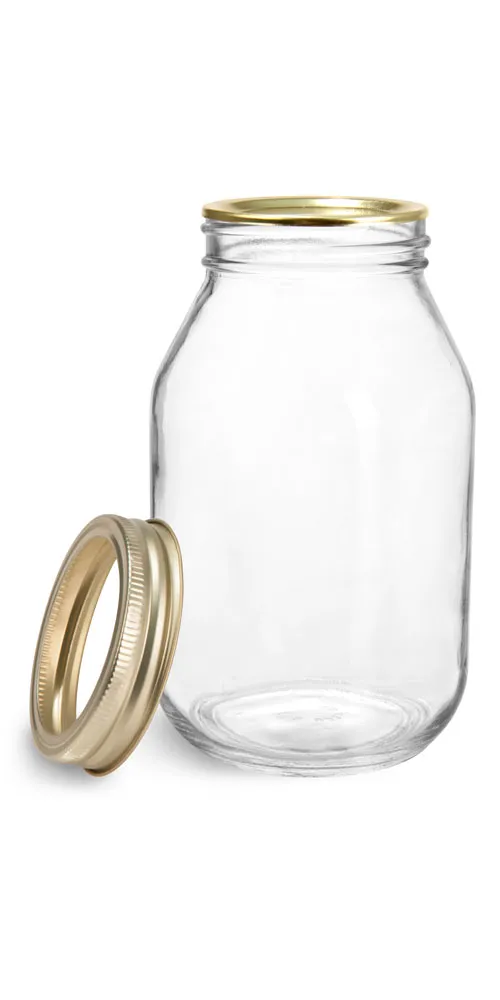 32 oz Glass Jars, Clear Glass Mayo/Economy Jars w/ Gold Two Piece Canning Lids