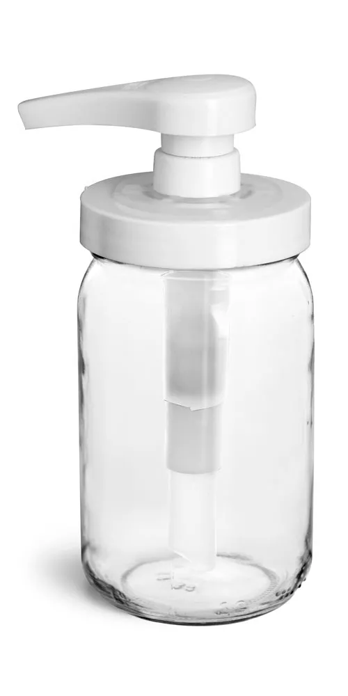 8 oz Glass Jars, Clear Glass Mayo/Economy Jars w/ White PP Pumps