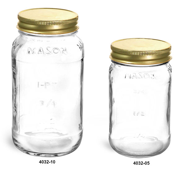 Sks Bottle Packaging Clear Glass Jars Clear Glass Mason Jars W Gold Metal Plastisol Lined Caps