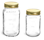 Clear Glass Jars, Clear Glass Mason Jars w/ Gold Metal Plastisol Lined Caps