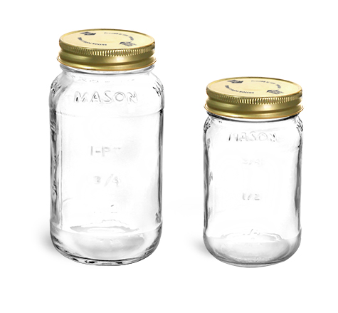 Clear Glass Mason Jars w/ Gold Metal Printed Plastisol Lined Caps