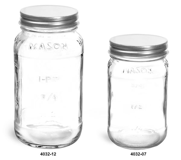 Clear Glass Jars, Clear Glass Mason Jars w/ Silver Metal Plastisol Lined Caps